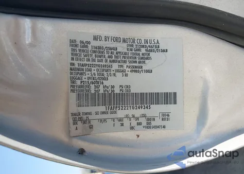 2000 Ford Taurus Lx из США, поврежденный, VIN 1FAFP5222YG249345